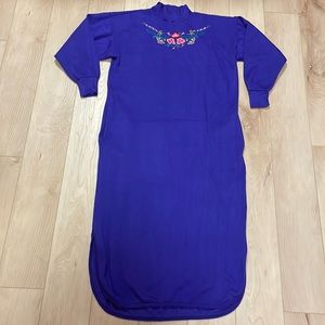 Vintage Mock Neck Floral Embroidered Accent Full Length Fleece Nightgown